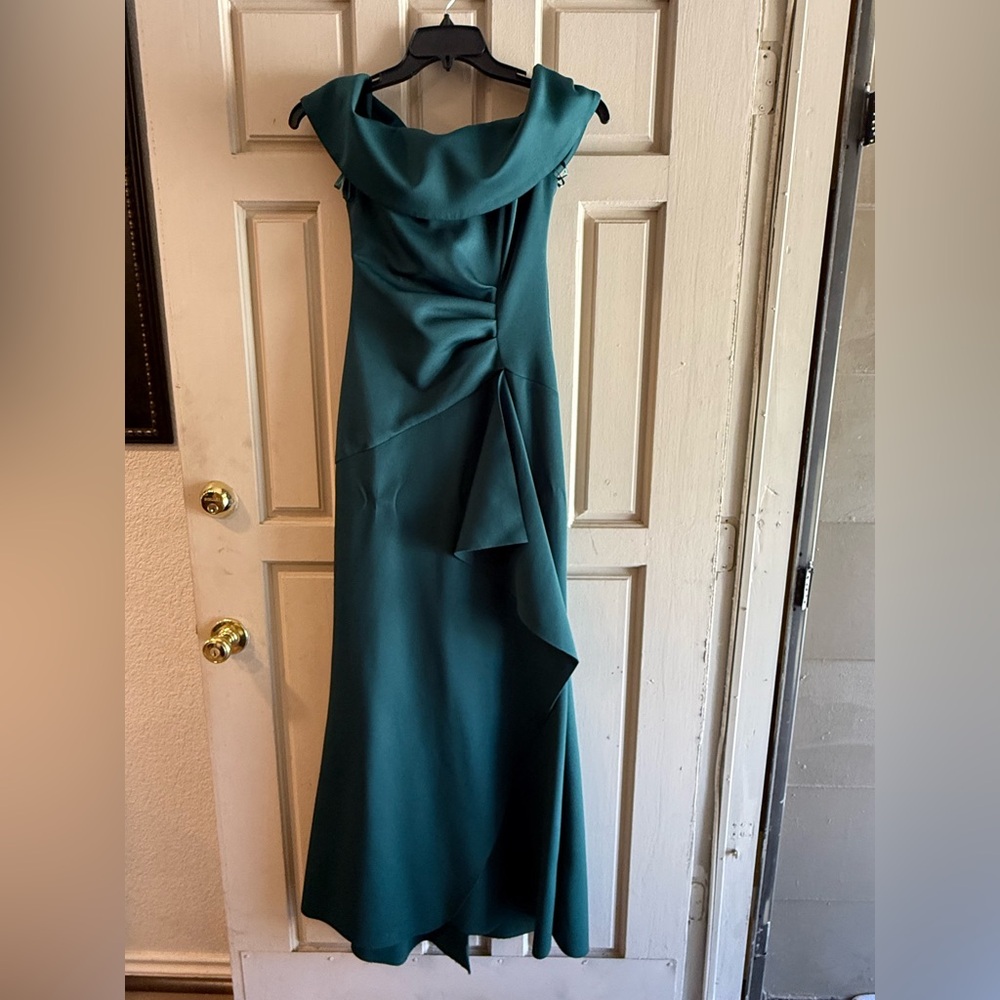 Xscape Teal Draped Cowl Neck Evening Gown